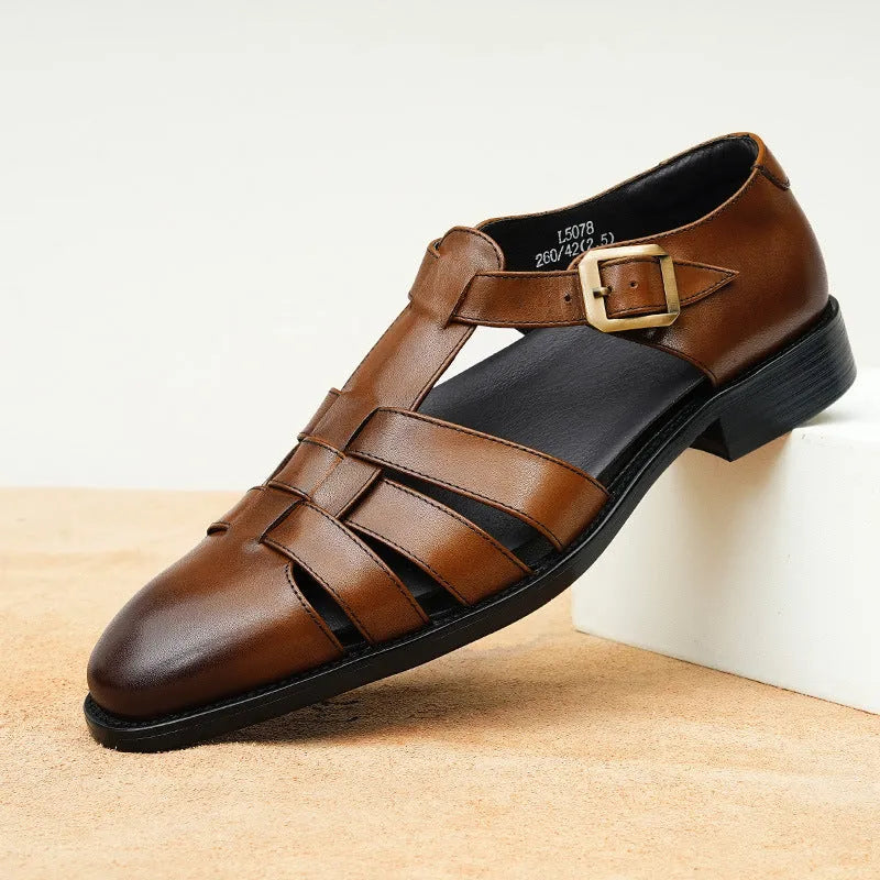 Men's black retro leather sandals with a cowhide upper and visible stitching.