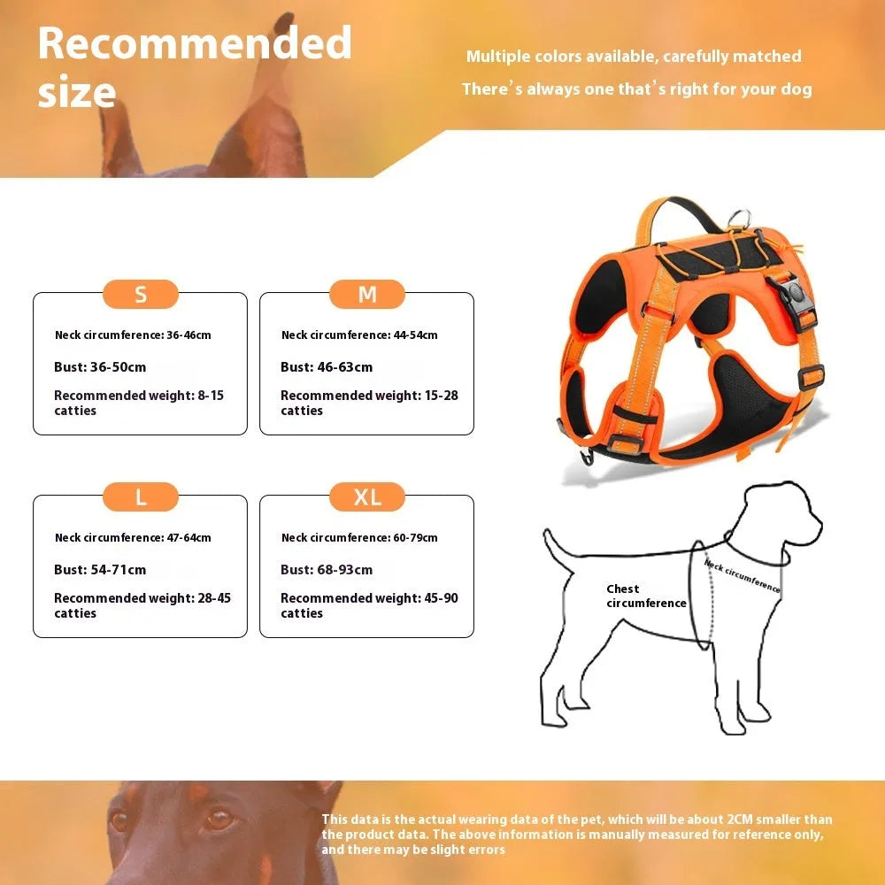 Reflective dog harness with vest, hand holding rope, and explosion-proof breast strap in multiple colour options