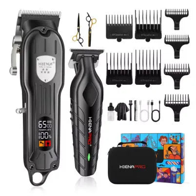 Black USB rechargeable hair clipper and foil shaver set with LCD display for men's grooming