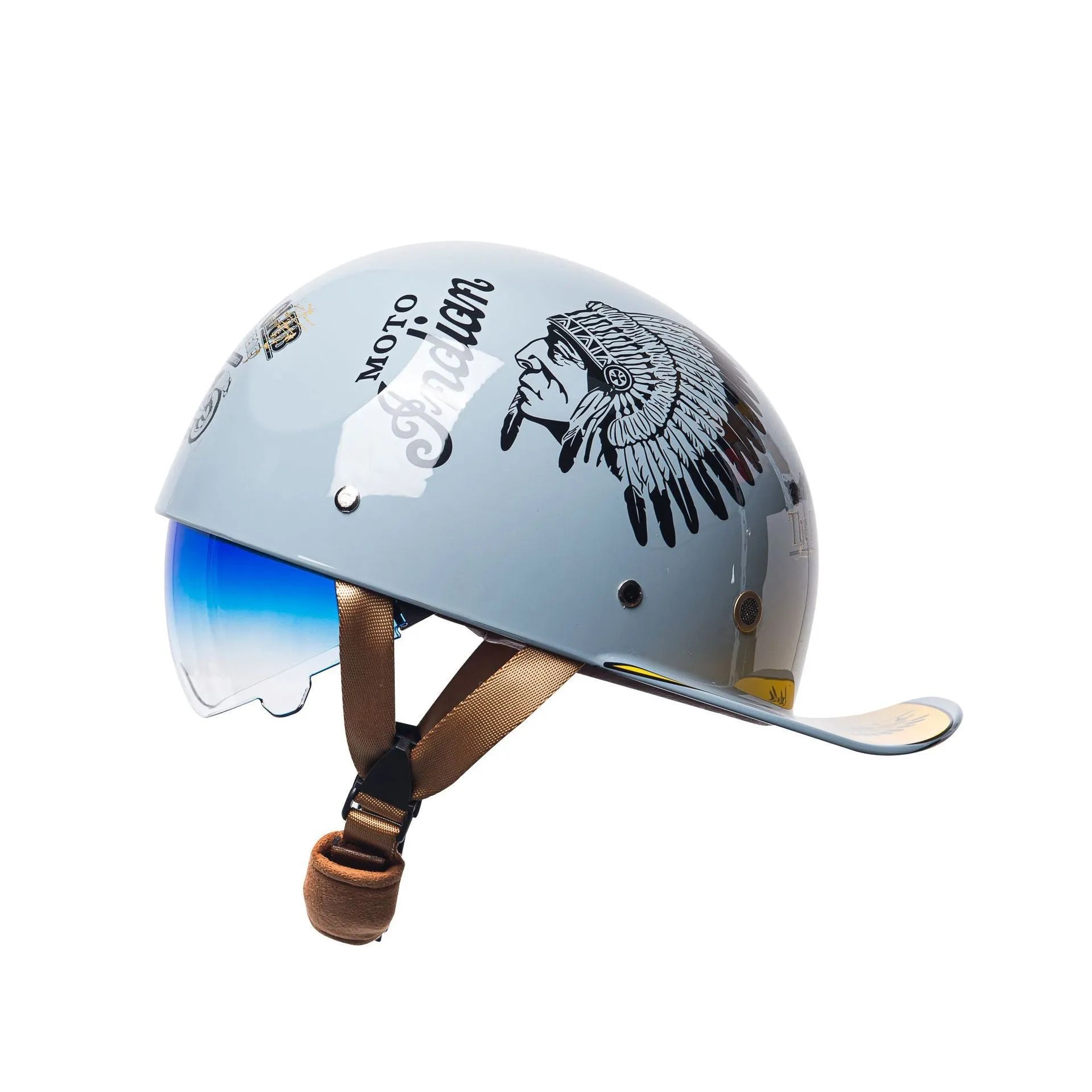 Men's retro half helmet for electric bikes in bright black gradient with blue lens, showing ABS shell construction.