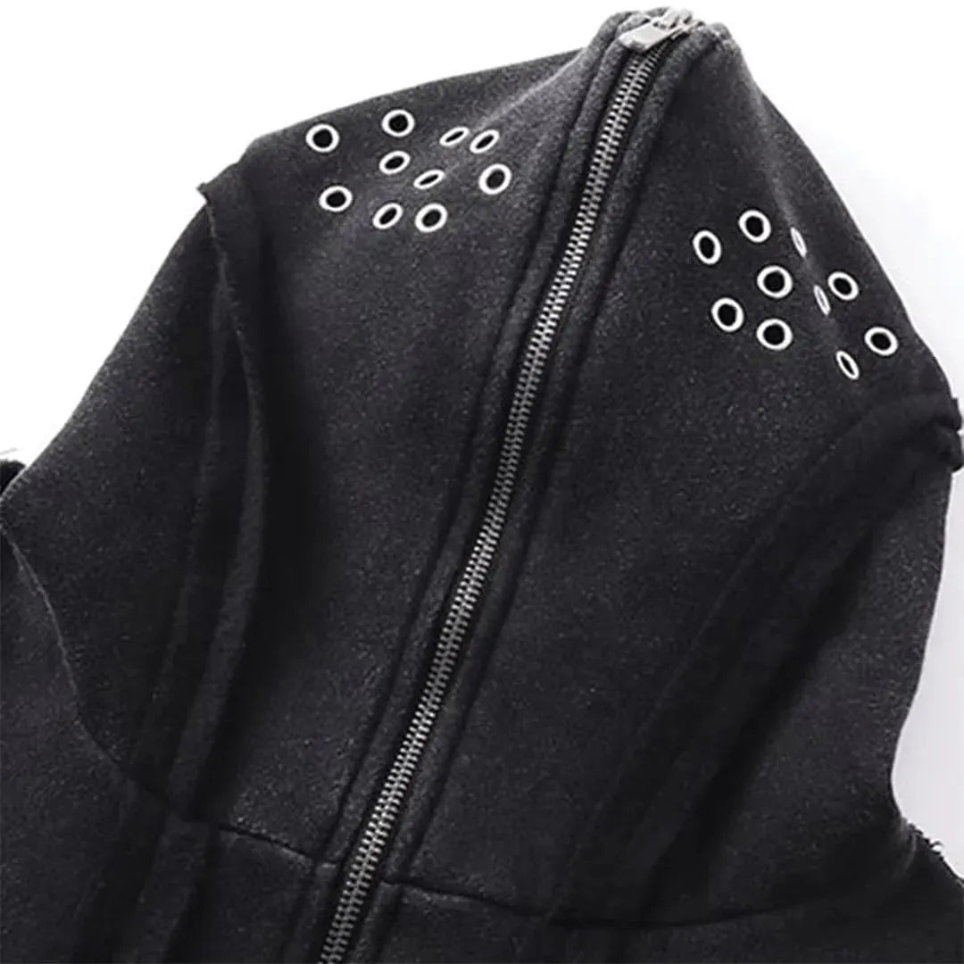 Black loose-fit padded cotton cardigan with a zip front and hood on a model.