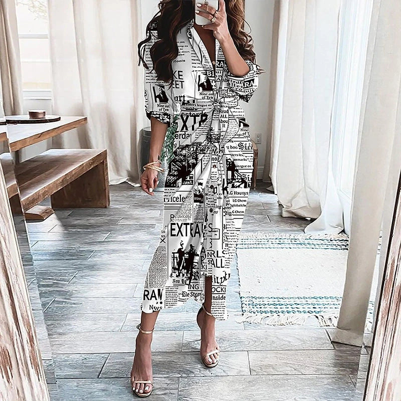 Elegant and chic floral print long-sleeved lace-up maxi dress with deep v-neck and empire waist