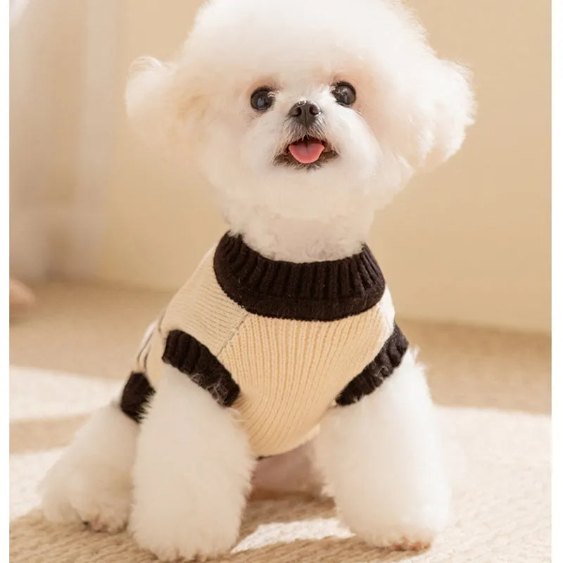 Warm small dog sweater in white with cactus and monster pattern, knit cardigan for small medium dogs