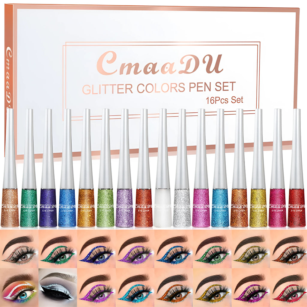 16 colour glitter liquid eyeliner set in a kit with 5g tubes in assorted shimmer shades