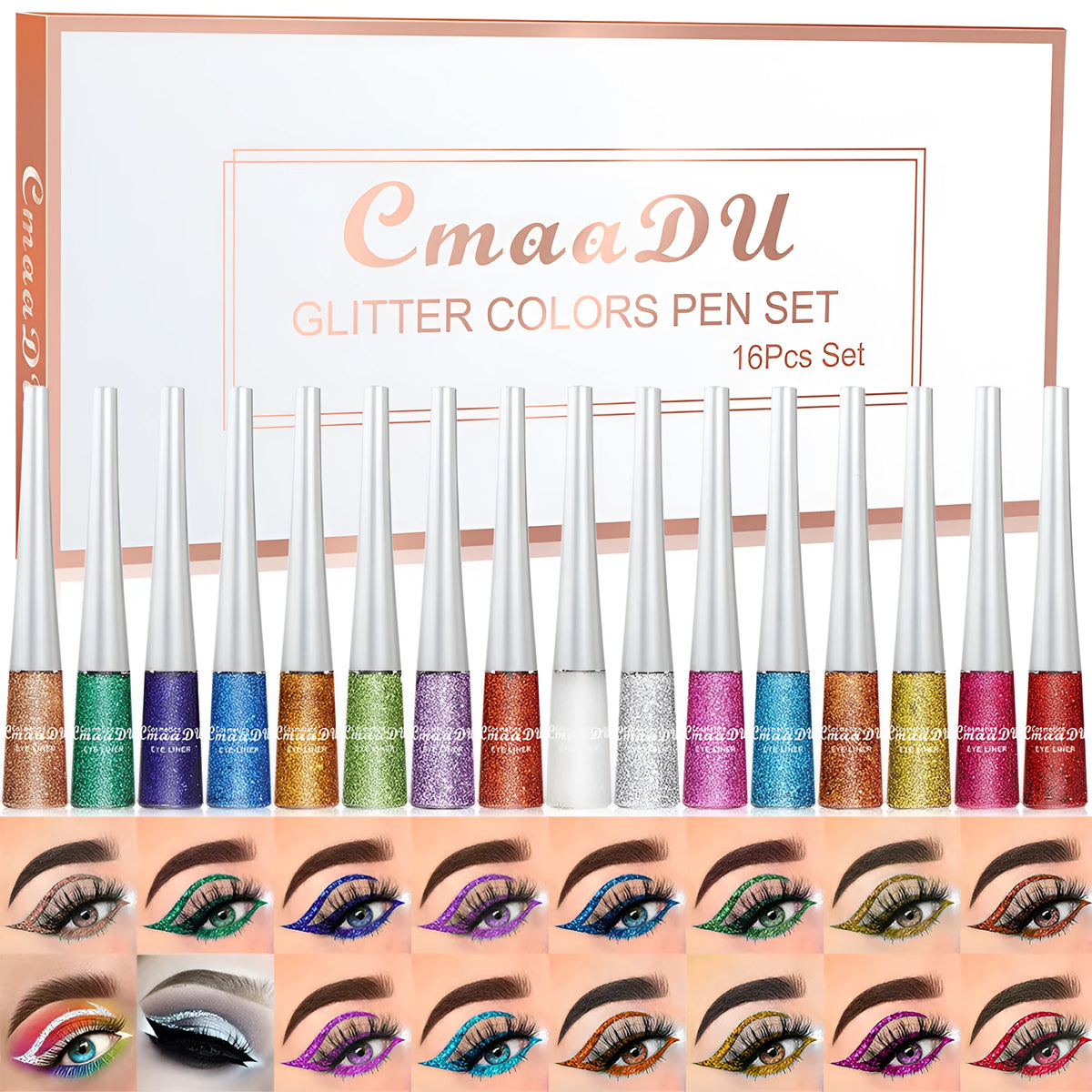 16 colour glitter liquid eyeliner set in a kit with 5g tubes in assorted shimmer shades