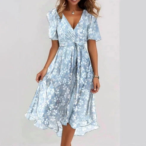 Chiffon printed short sleeve dress with V-neck for summer in various colours