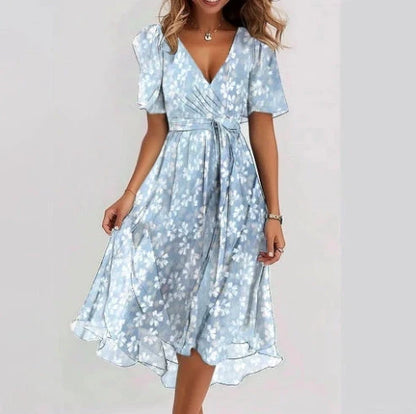 Chiffon printed short sleeve dress with V-neck for summer in various colours