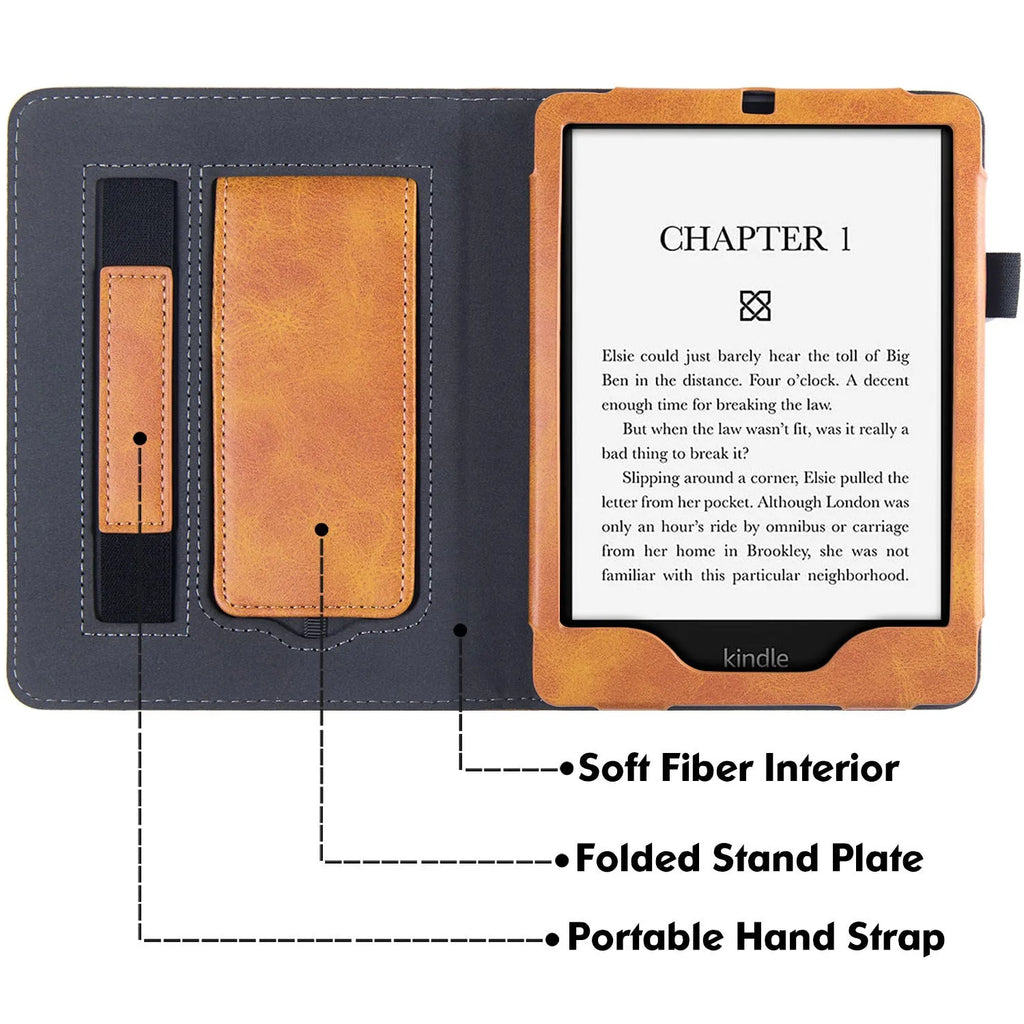 Brown leather Kindle Paperwhite 11 case with wrist strap bracket and microfiber interior