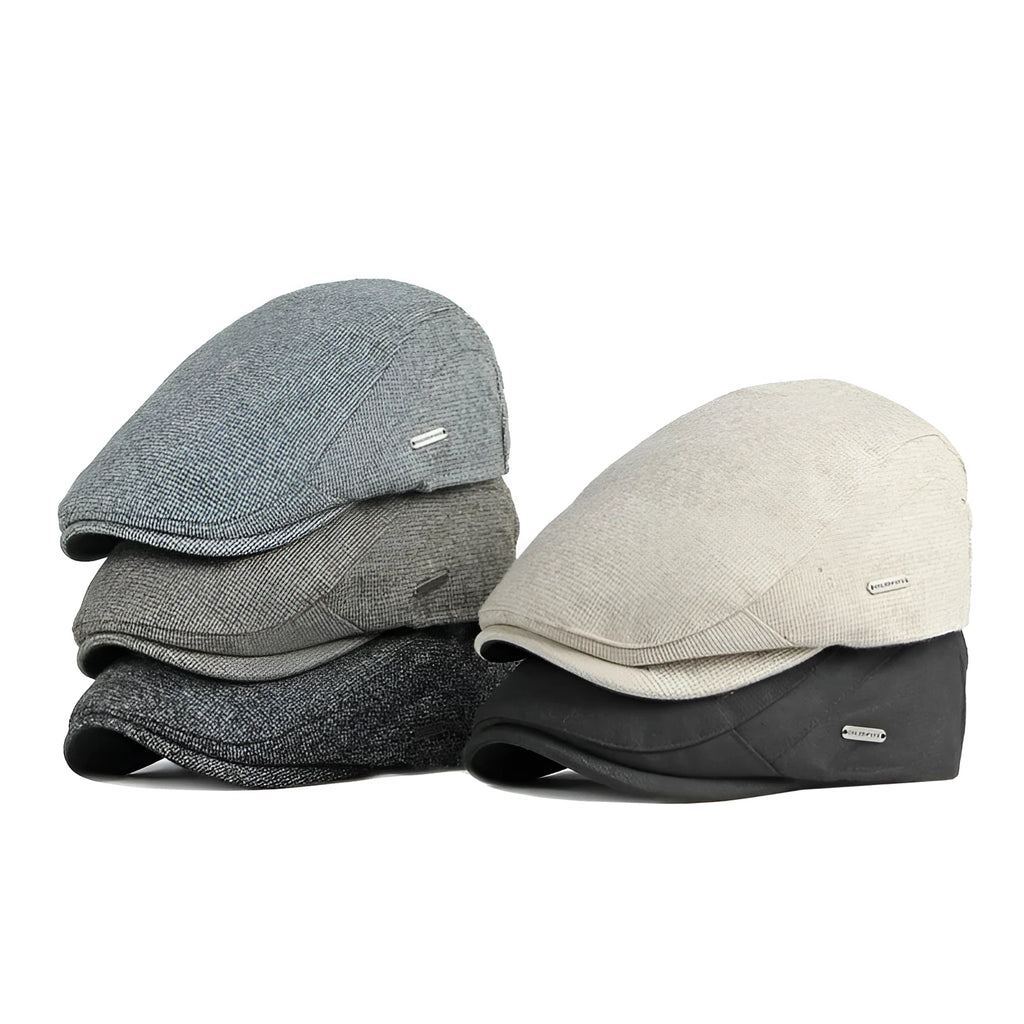 Men's thickened warm beret in beige with flat top crown and adjustable fit for autumn winter