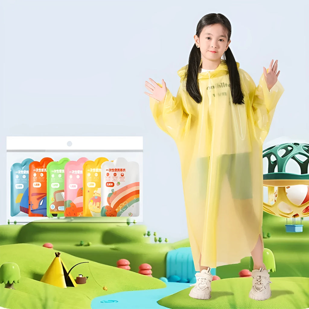 Disposable children's card raincoat showing compact 13x9cm size and long poncho design in multiple colour options