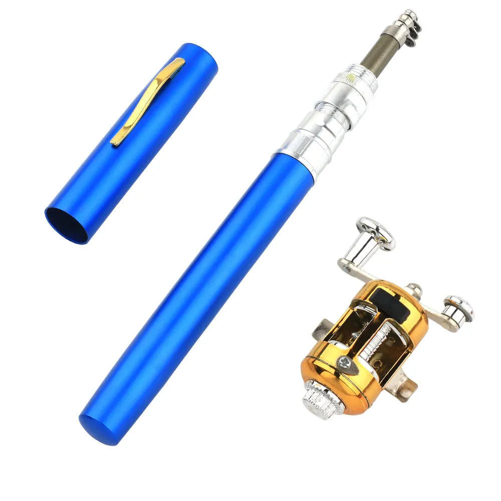 Compact telescopic fishing rod kit retracted in aluminium pen case next to its ST5RL drum.