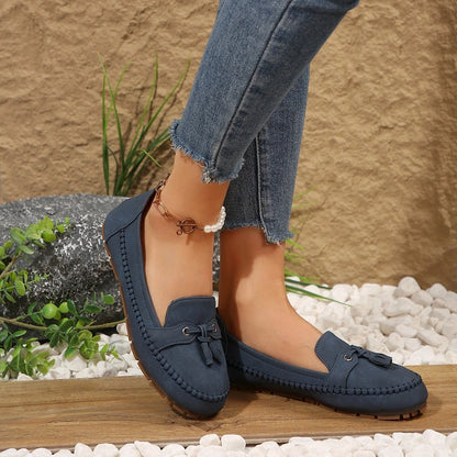 Women's round head loafers in navy blue with non-slip sole