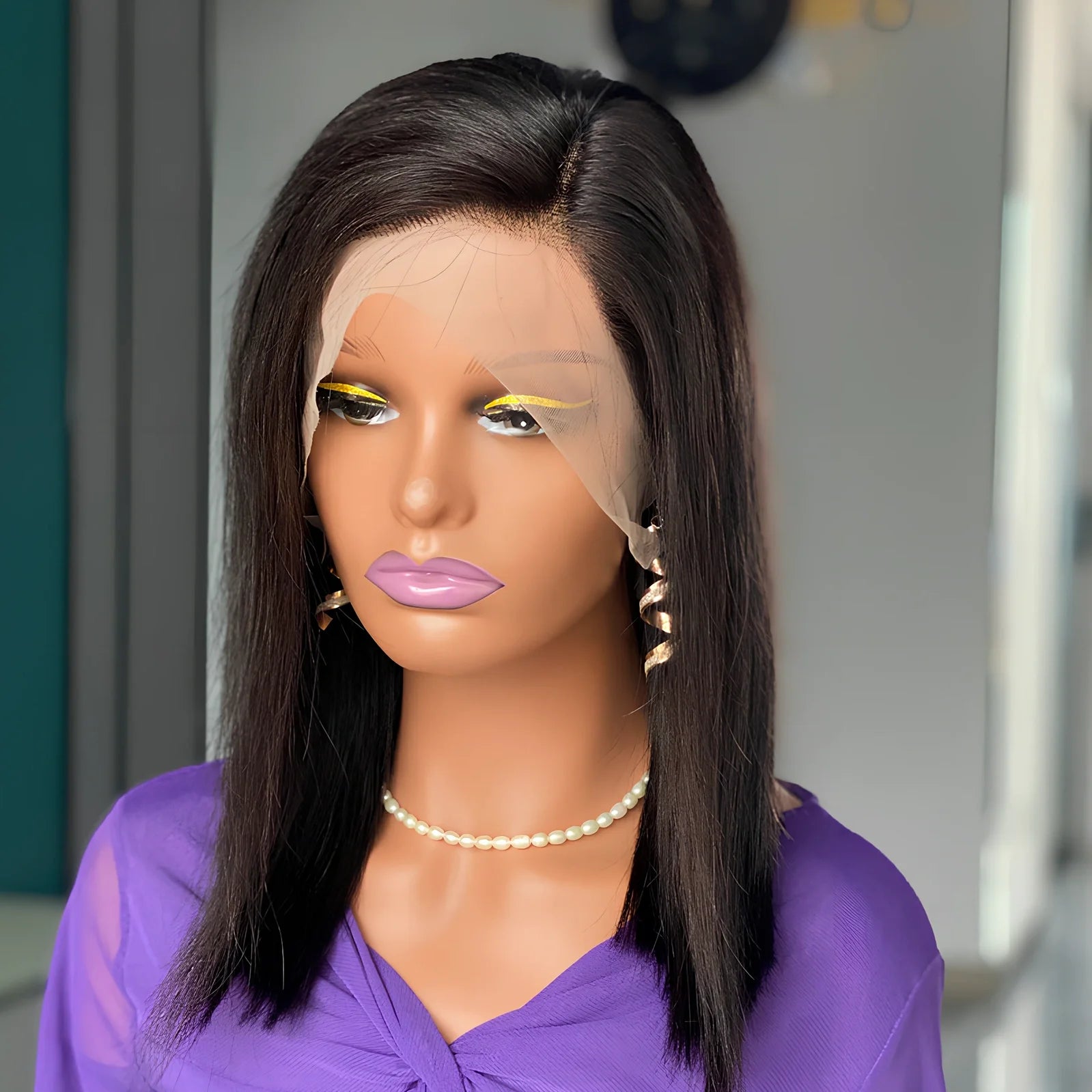 14 inch natural black bob human hair wig with 200 density, pre-plucked hairline, and 13x4 Swiss lace front for medium 22.5 inch heads