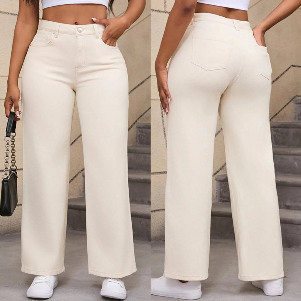 Women's straight leg jeans in apricot colour with high waist and wide leg trousers cut