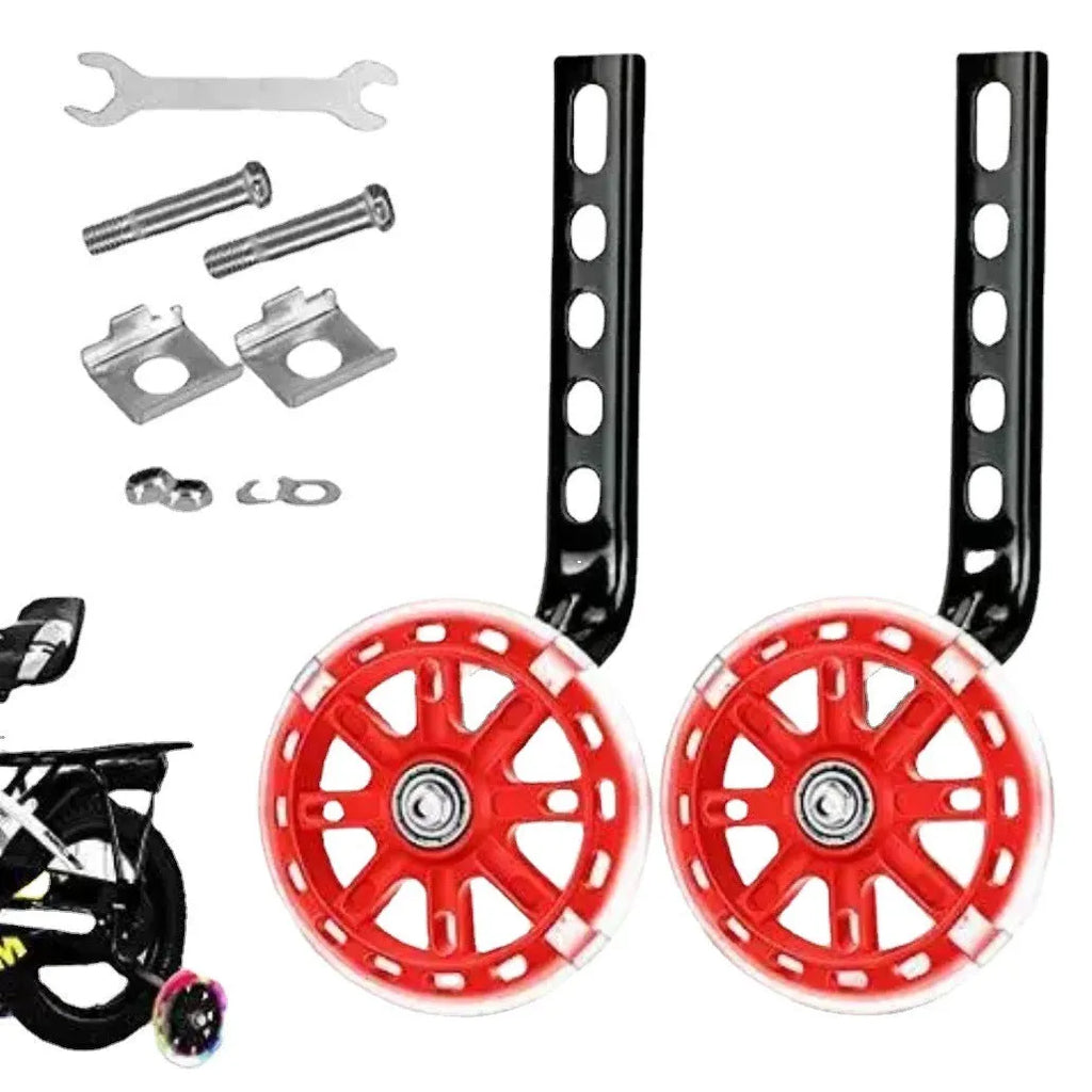 Children's metal bicycle training wheels with universal bracket in assorted colours including red, blue, and yellow.