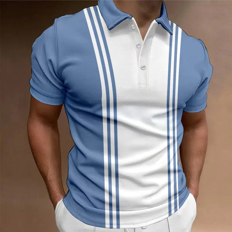 Men's loose fit casual t-shirt with three-button lapel on chest in blue colour