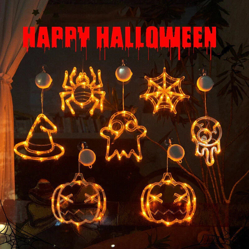 Spooky Halloween window hanging lights featuring pumpkins, spiders, and ghostly figures for a festive atmosphere