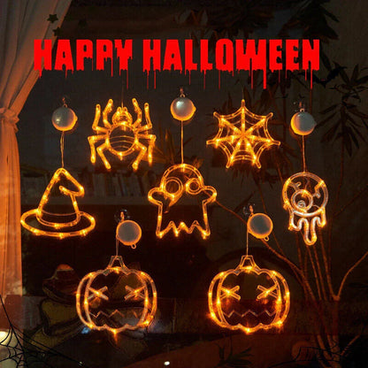 Spooky Halloween window hanging lights featuring pumpkins, spiders, and ghostly figures for a festive atmosphere