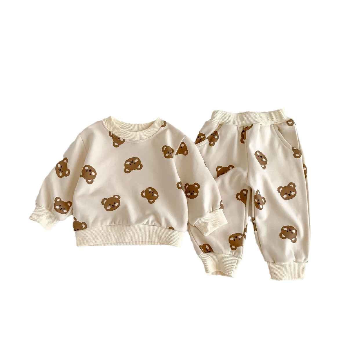 Baby cotton round neck bear cartoon sweater and trousers suit in rice apricot for 66-100cm height