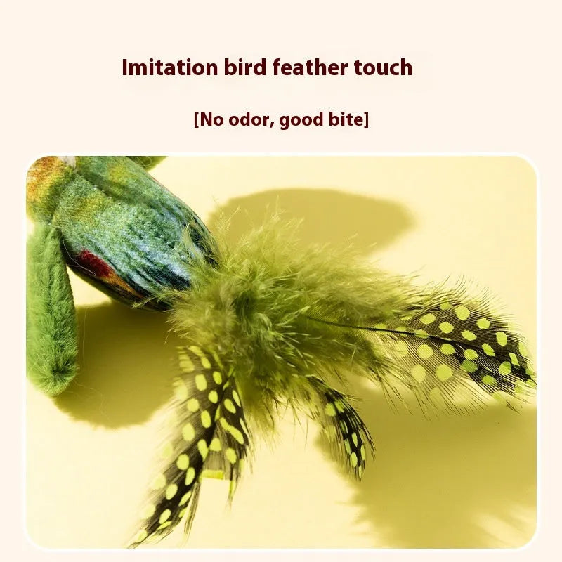 Electric sound simulation bird cat toy in green warbler colour with polyester fibre body for cat play