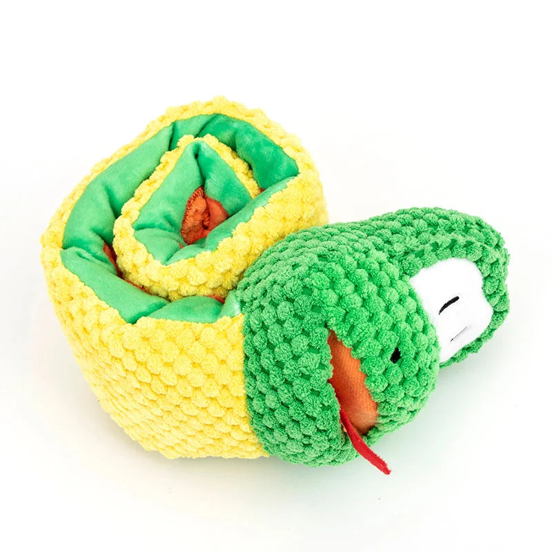 Polar fleece snake snuffle toy for dogs, measuring 60 x 7.5cm, designed for foraging instinct training and mental stimulation