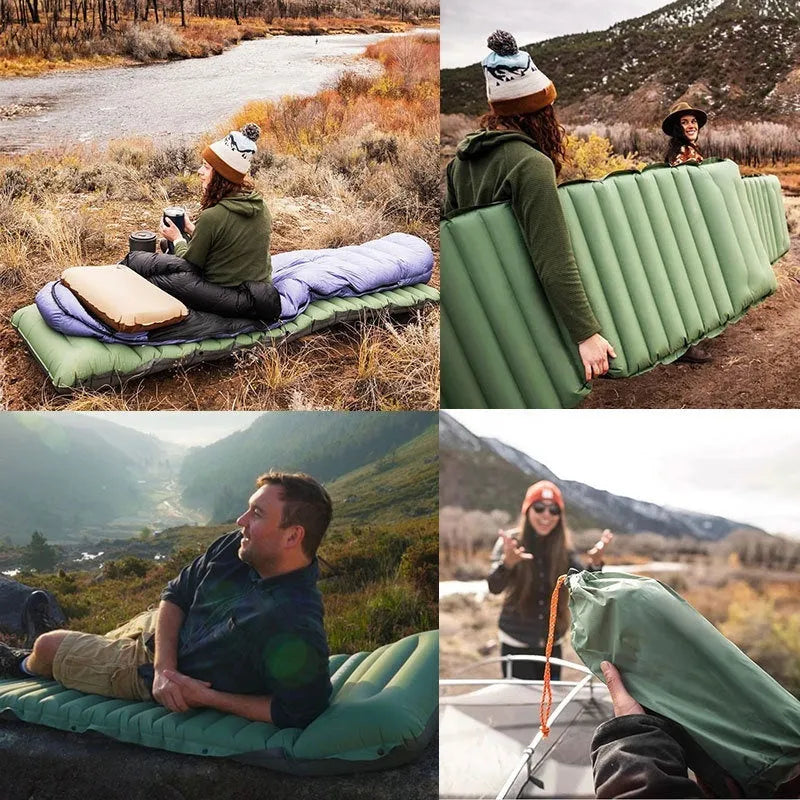 A portable inflatable camping mattress in desert grey colour, shown inflated to its 195x70cm size.