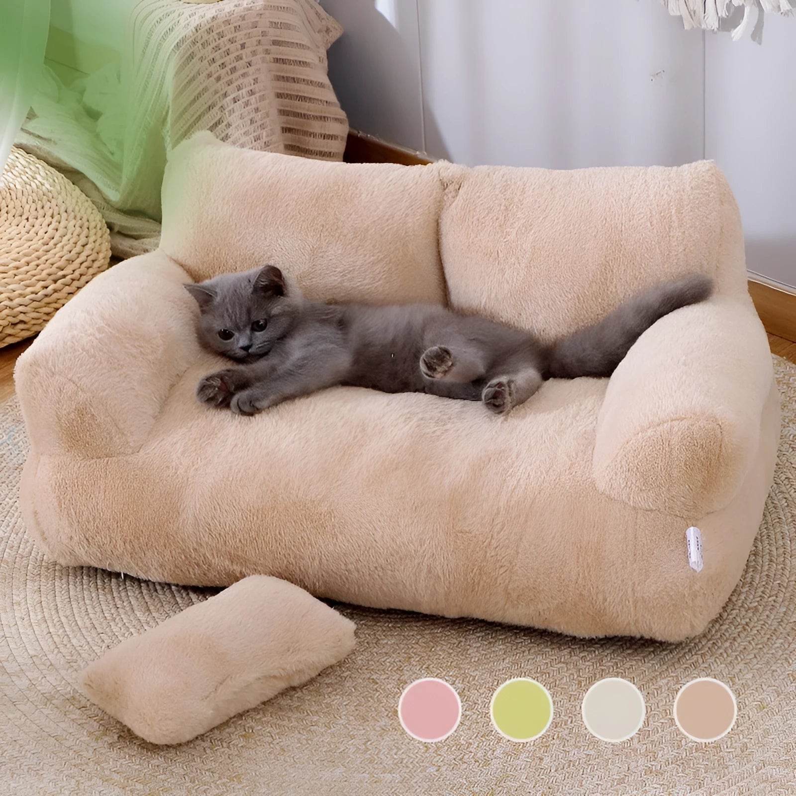 Luxury cat bed sofa in mousse coffee colour with thick backrest and plush pillow on anti-slip base