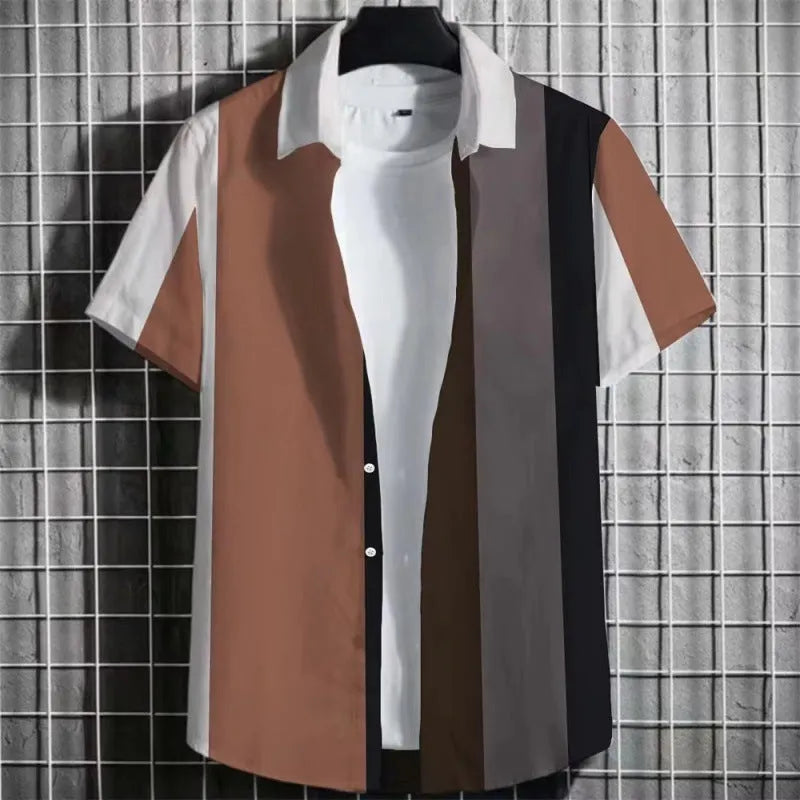Linen men's short sleeve t-shirt with 3D printed striped pattern on a mannequin