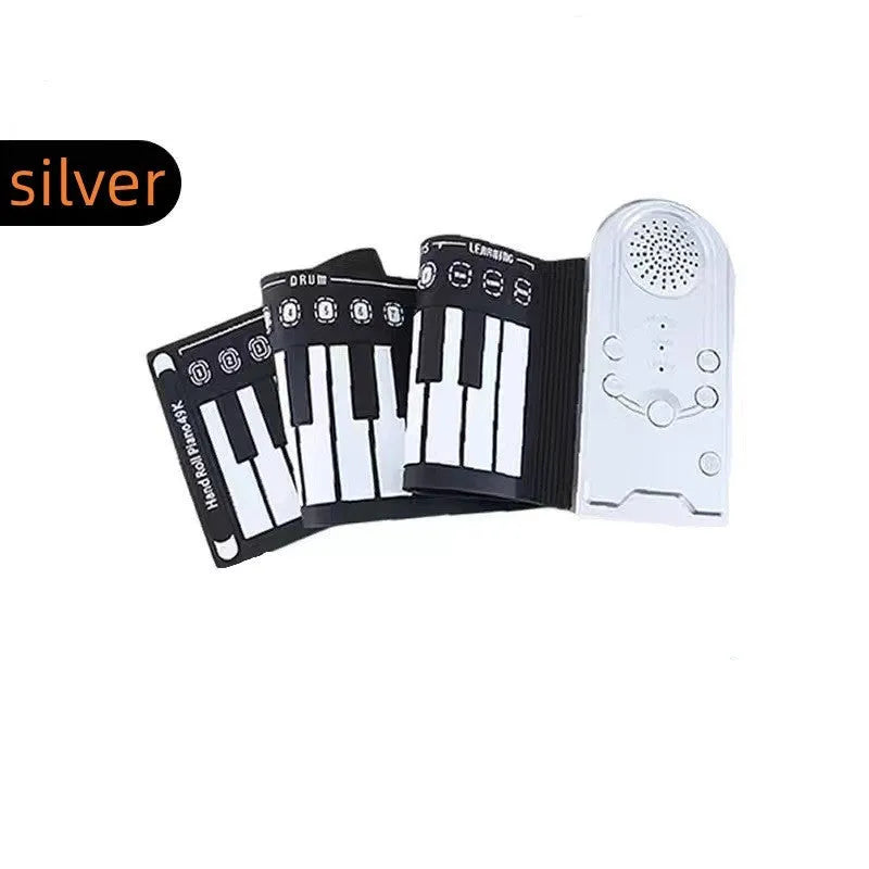 Compact folding electronic keyboard with 49 black silicone keys, shown in gloss black finish, rolled for storage next to its control panel.