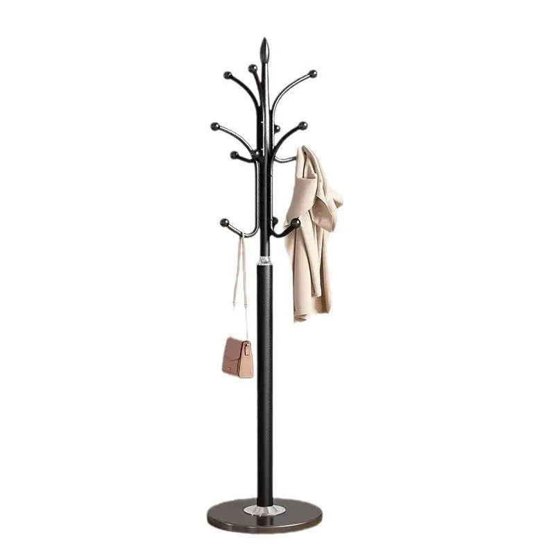 Floor-standing metal coat rack in black, vertical design for bedroom use, simple iron frame