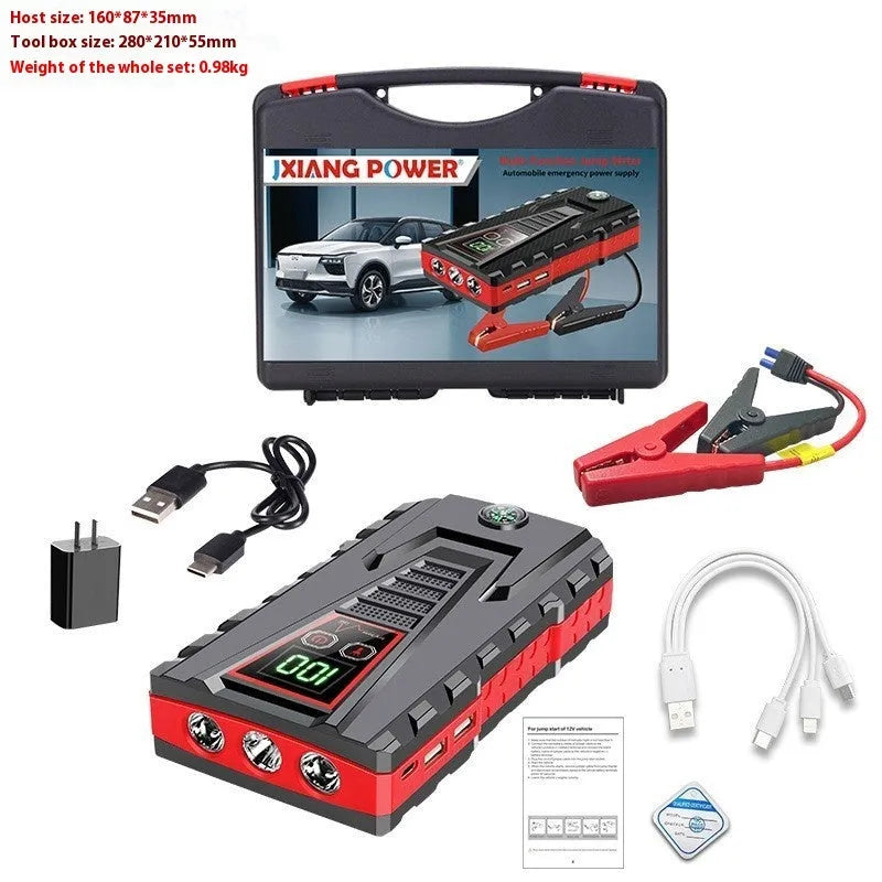 Black emergency car jump starter in toolbox style with battery clamp on side