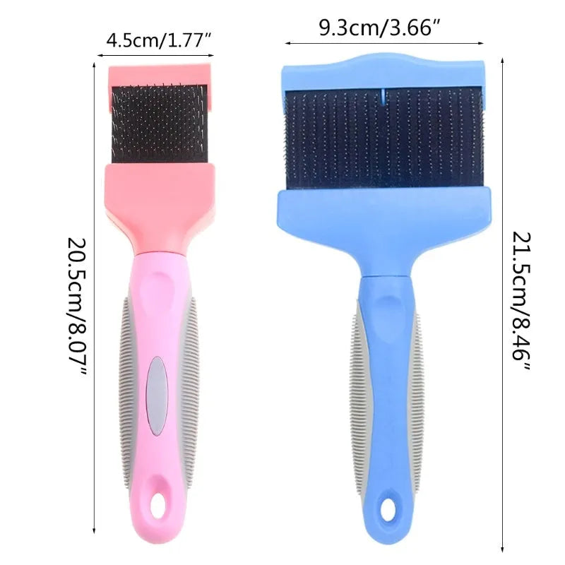 Double-sided pet grooming brush with stainless steel pins and ergonomic handle in blue
