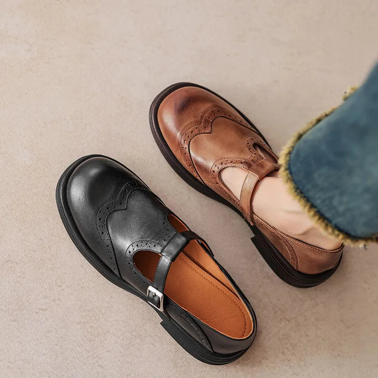 Women's black and brown British-style flat leather shoes with round toe and sheepskin uppers
