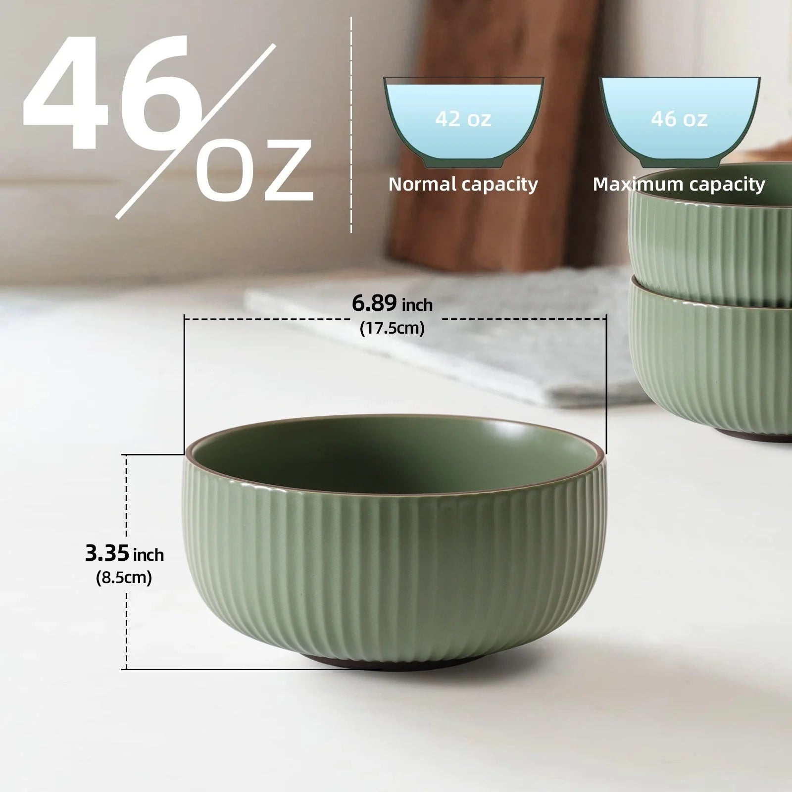 Set of 4 ceramic bowls, 46oz each, grey and green options, microwave and oven safe