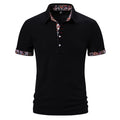 Men's white cotton blend polo shirt with a turnover collar and short sleeves on a hanger.