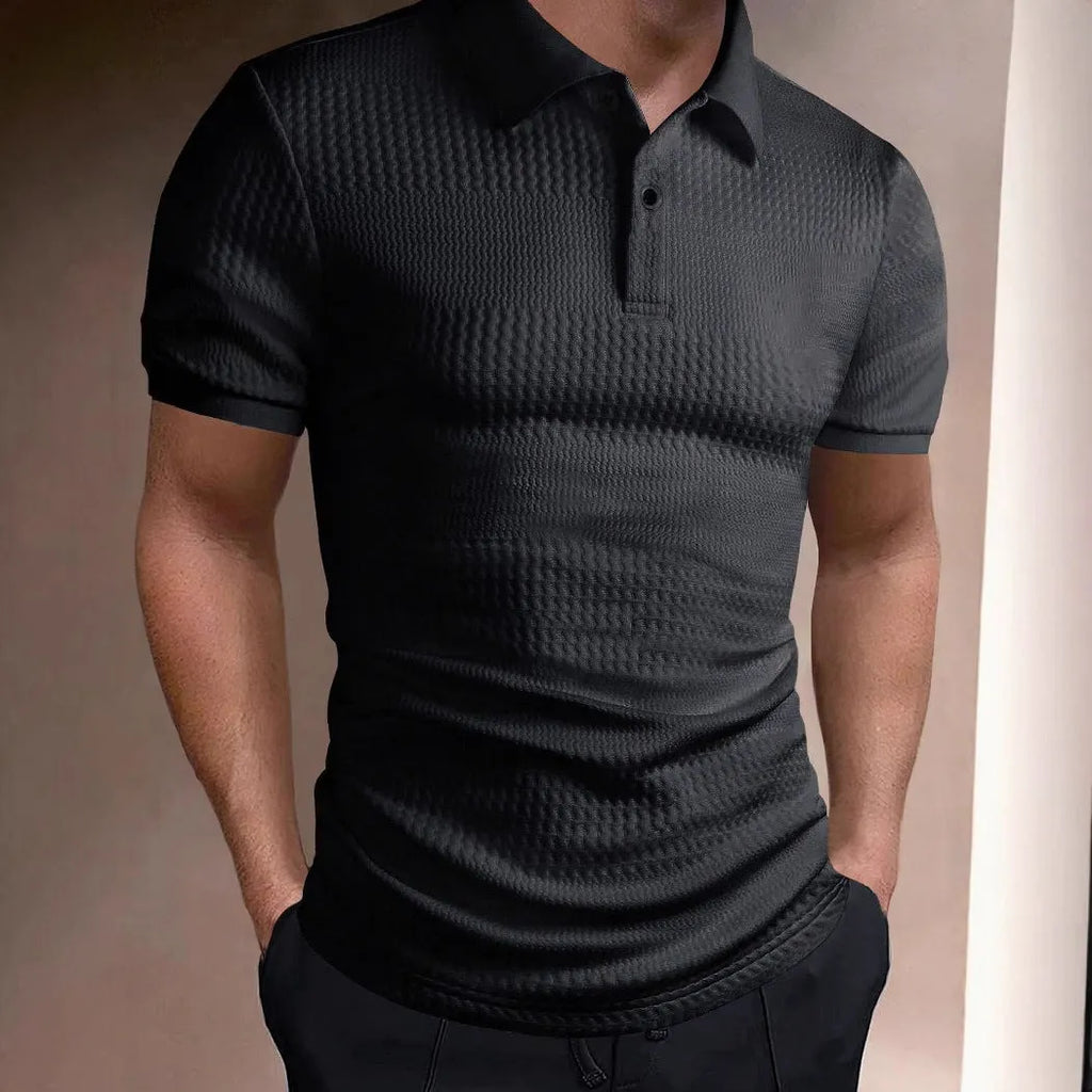 Men's loose striped polo shirt in black with asymmetric pattern and short sleeves