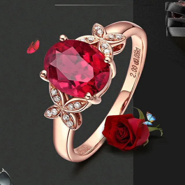 Women's butterfly ring with heart-shaped design and red or blue enamel options on rose gold plating