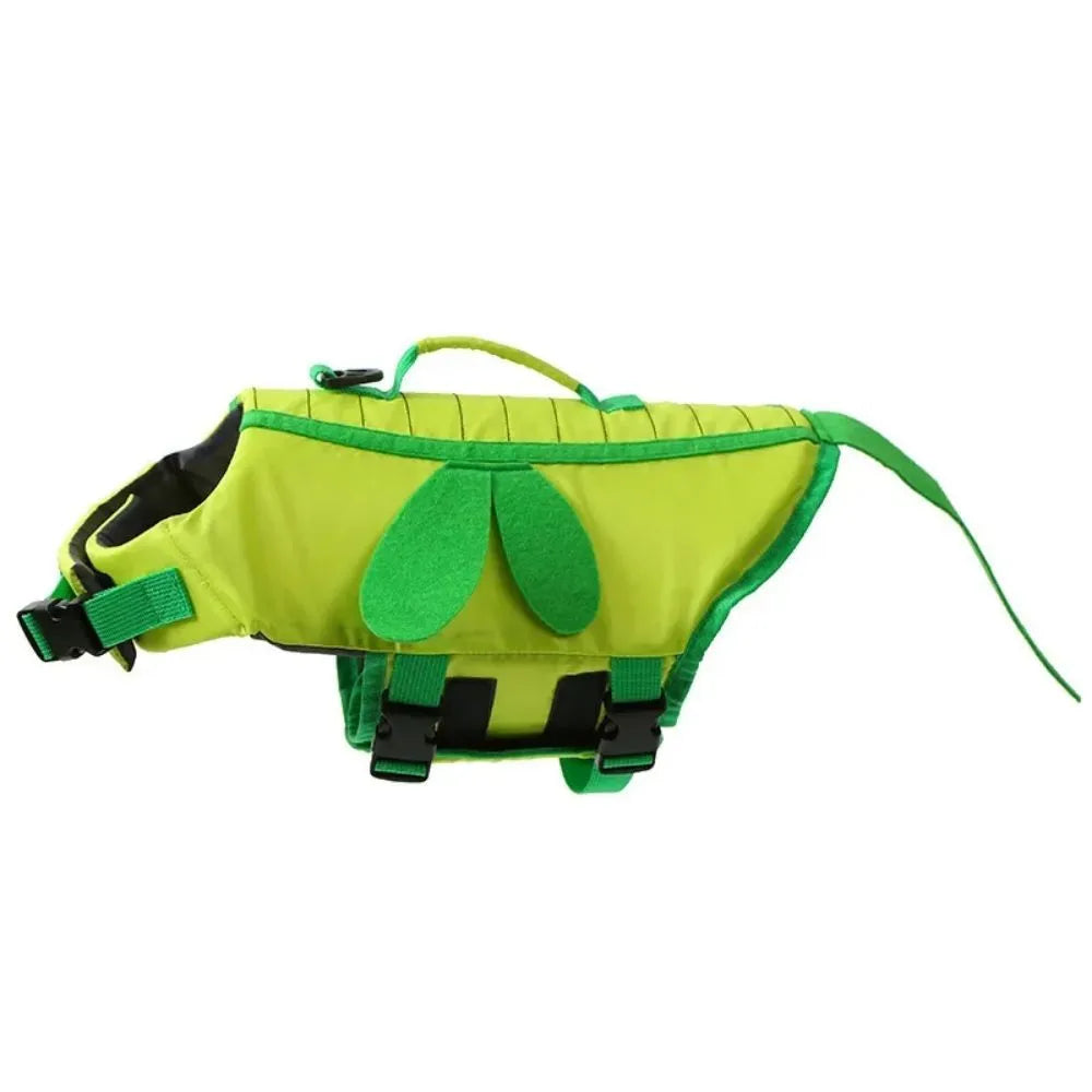 Green dog life jacket with reflective trim and quick-release buckle, shown on a dog model
