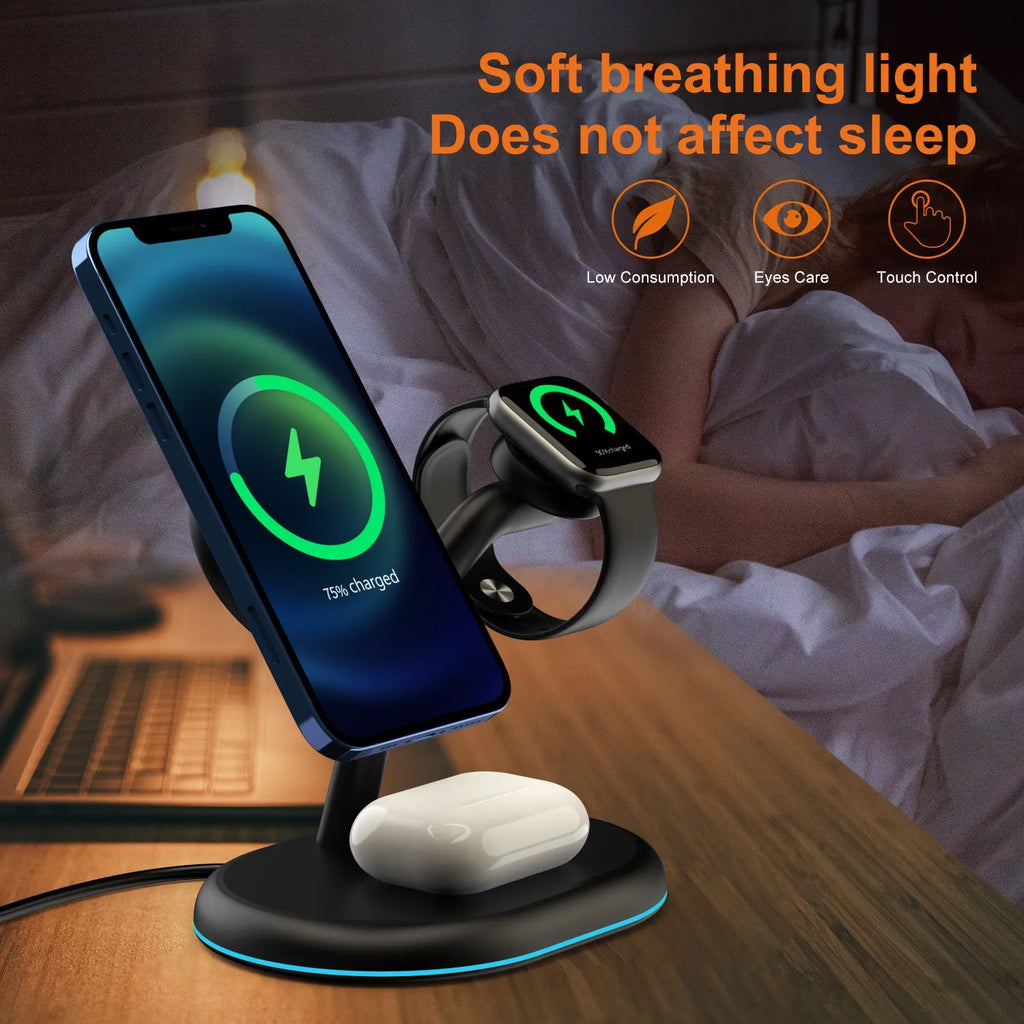 A black magnetic wireless charger with a simple design, showing its ABS plastic casing.