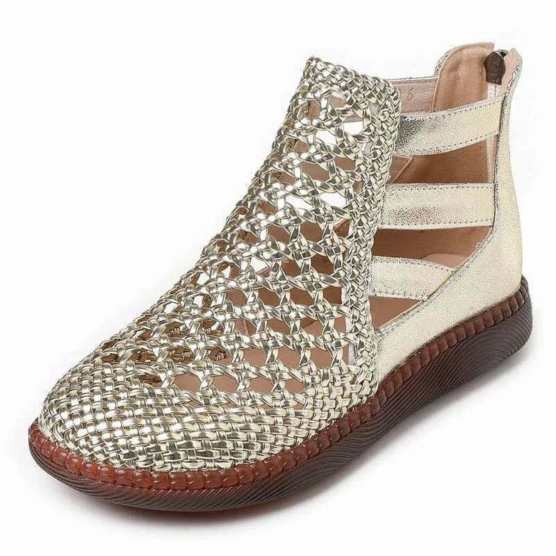 Gold and white women's flat sandals with hollow-out PU upper and soft TPR sole.