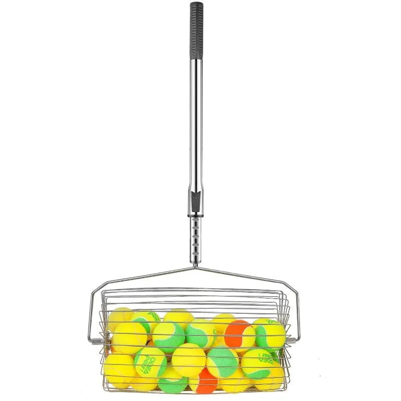 Stainless steel roller tennis ball picker with adjustable collection basket on tennis court