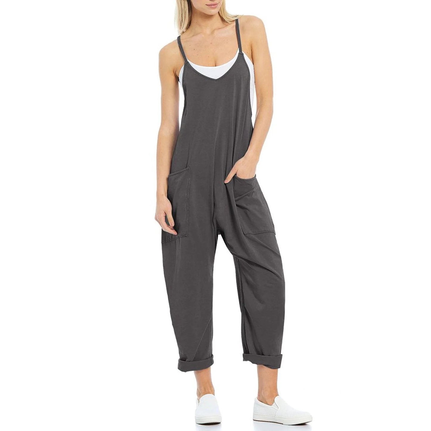 Women's knitted one-piece trousers with pockets and spaghetti straps in various colours