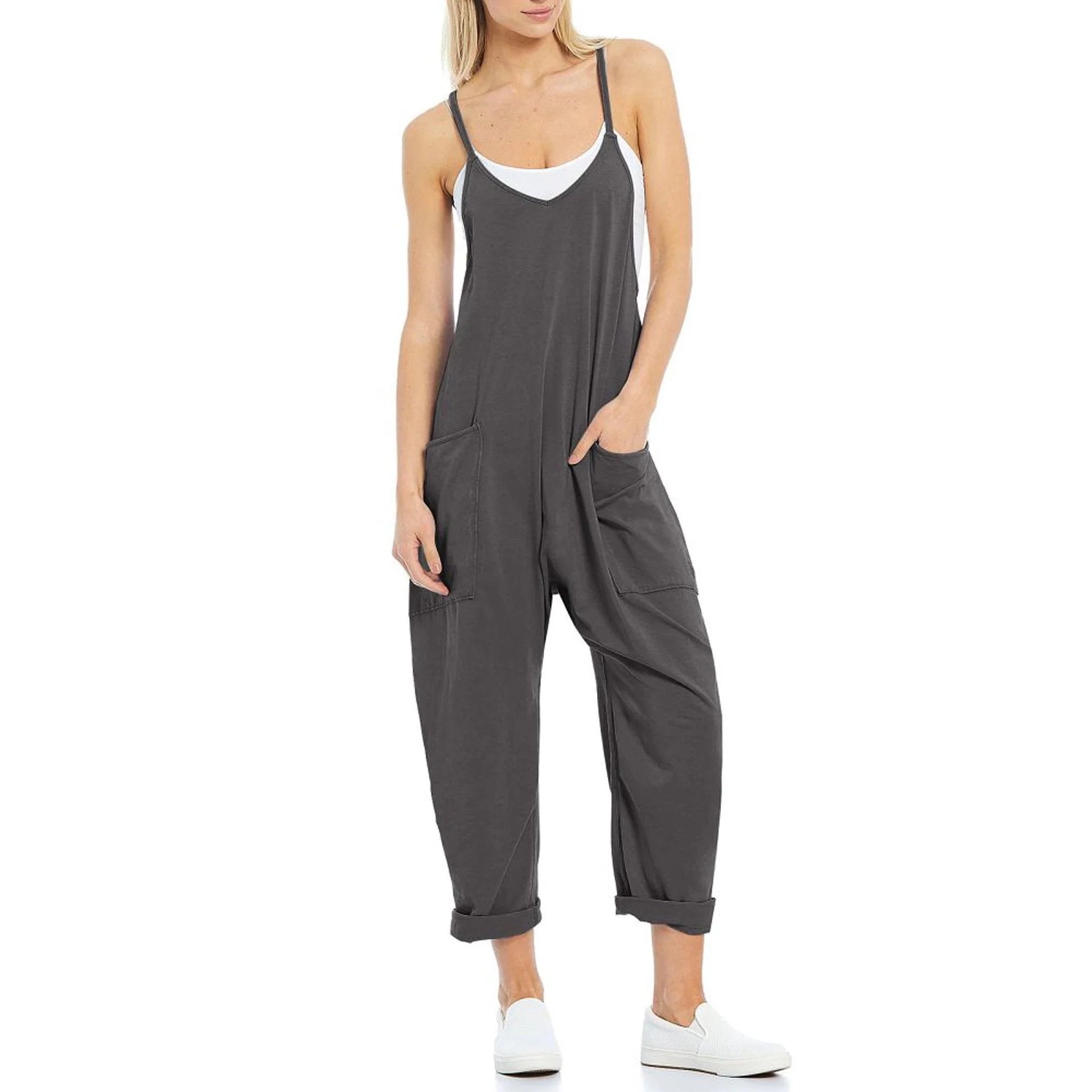 Women's knitted one-piece trousers with pockets and spaghetti straps in various colours