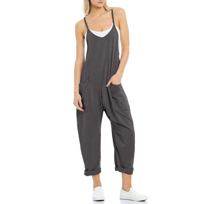 Women's knitted one-piece trousers with pockets and spaghetti straps in various colours