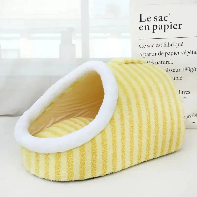 Thickened 3D plush dog cat bed with removable sponge in striped blue green pink yellow colours