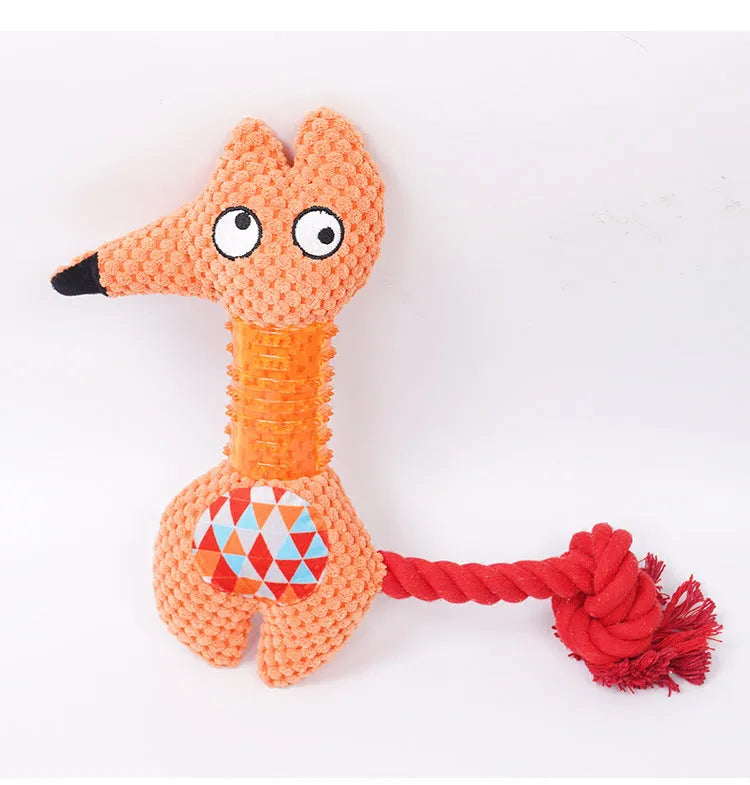 Corn Kernel TPR dog toy with squeaker and cotton rope tail in Blue, Fox size