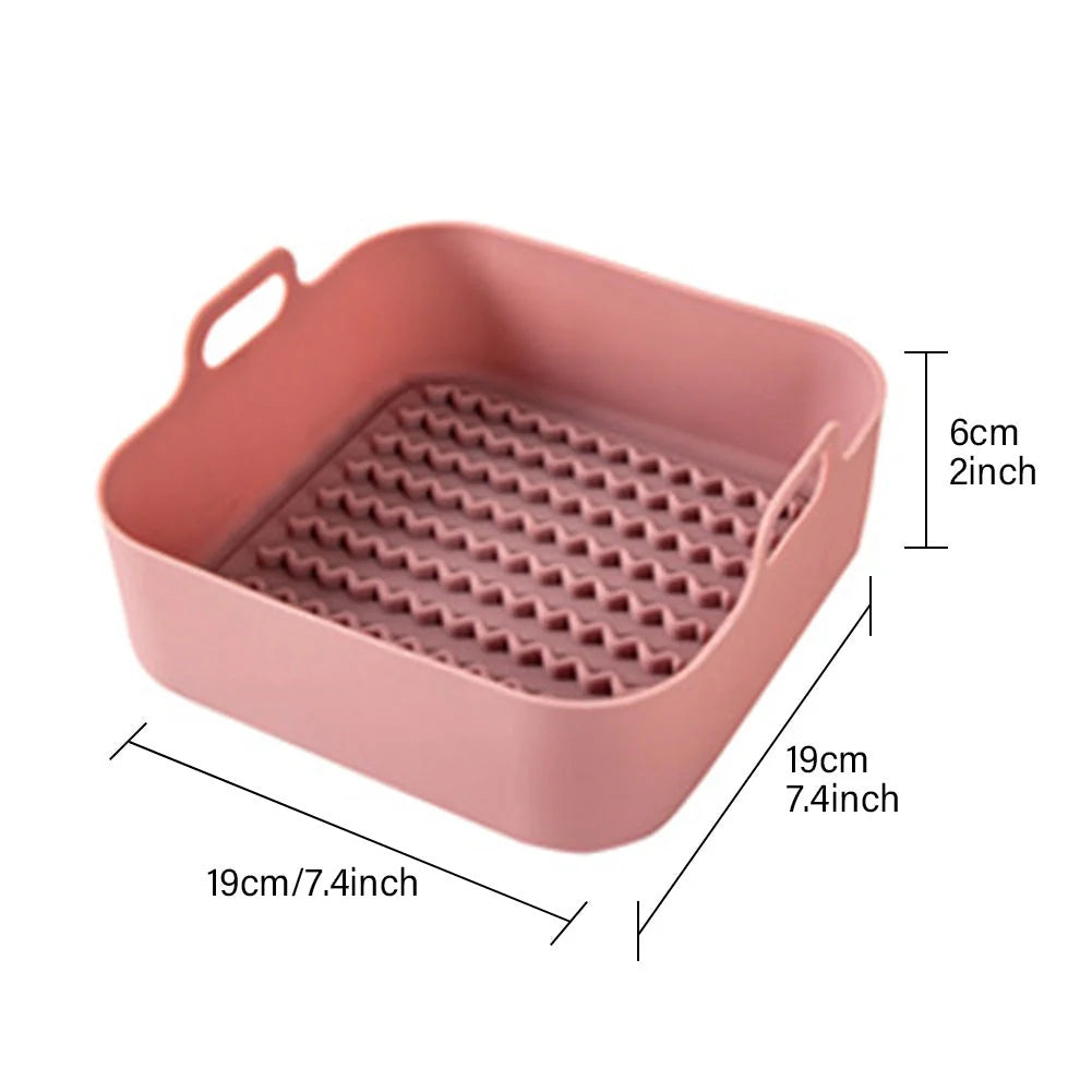Reusable silicone air fryer liner in various colours, heat resistant up to 450°F