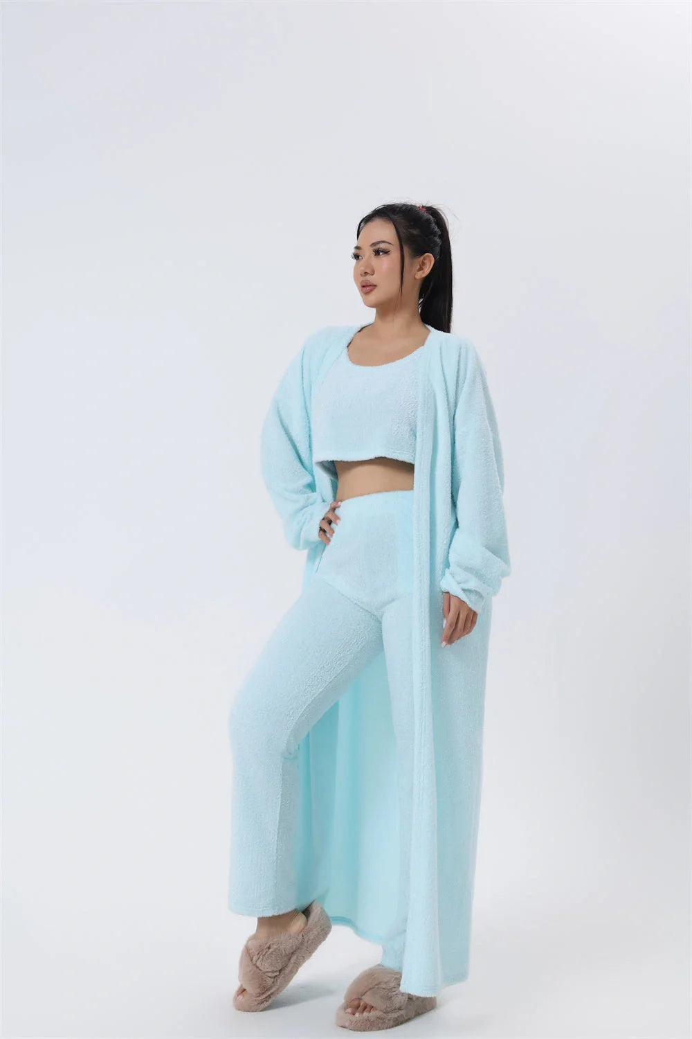 Cozy 3-Piece Loungewear Set - Soft and fluffy women's winter pajama set with crop top, wide-leg pants, and matching pullover