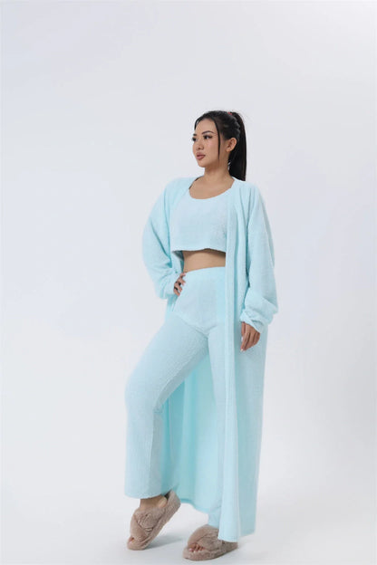 Cozy 3-Piece Loungewear Set - Soft and fluffy women's winter pajama set with crop top, wide-leg pants, and matching pullover