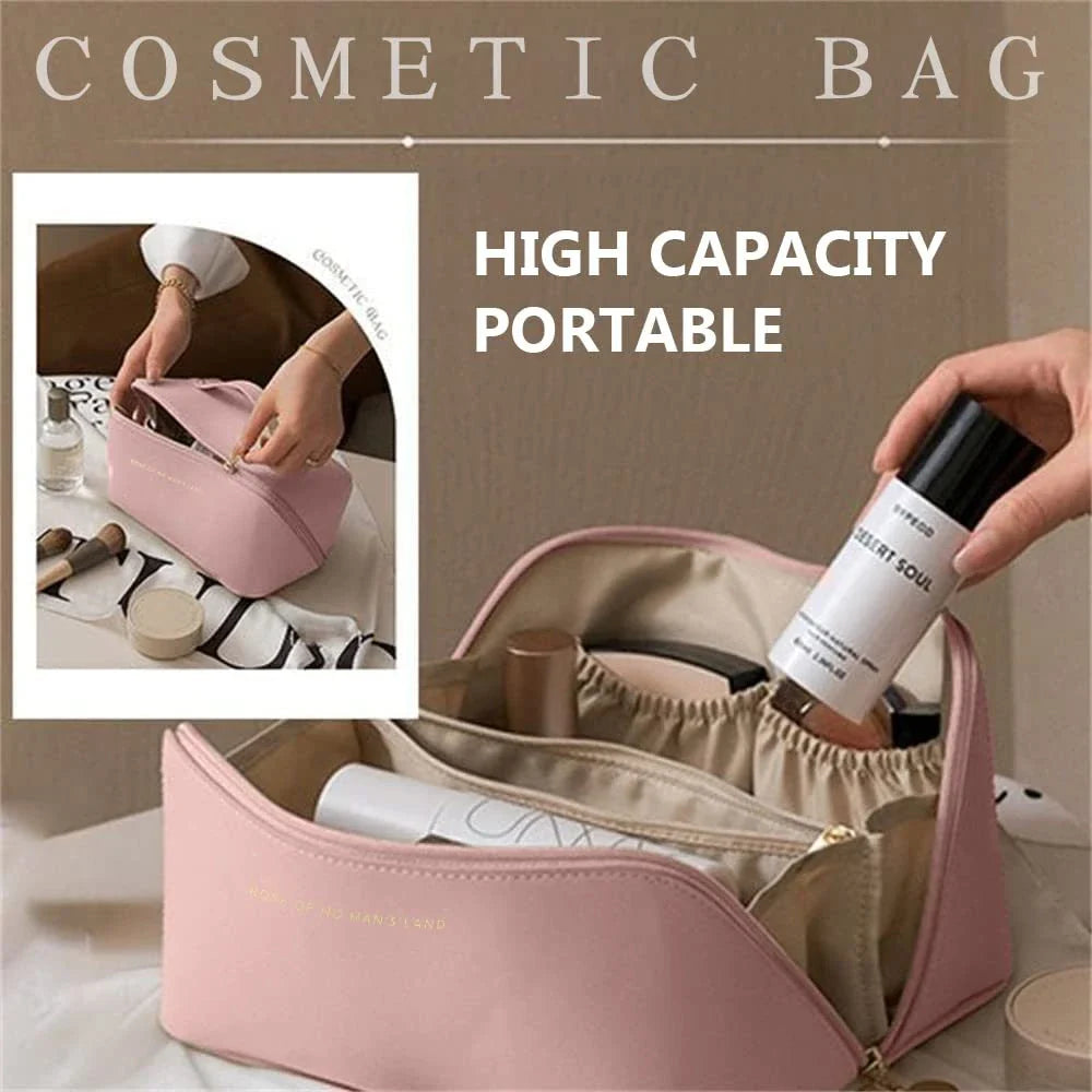 Premium PU leather travel cosmetic bag with large capacity, multiple compartments, and a sturdy wire frame for structured organization